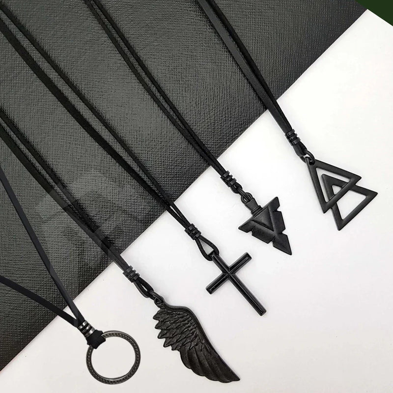 Colar Masculino De Couro Preto Tribal Cruz Regulável Premium