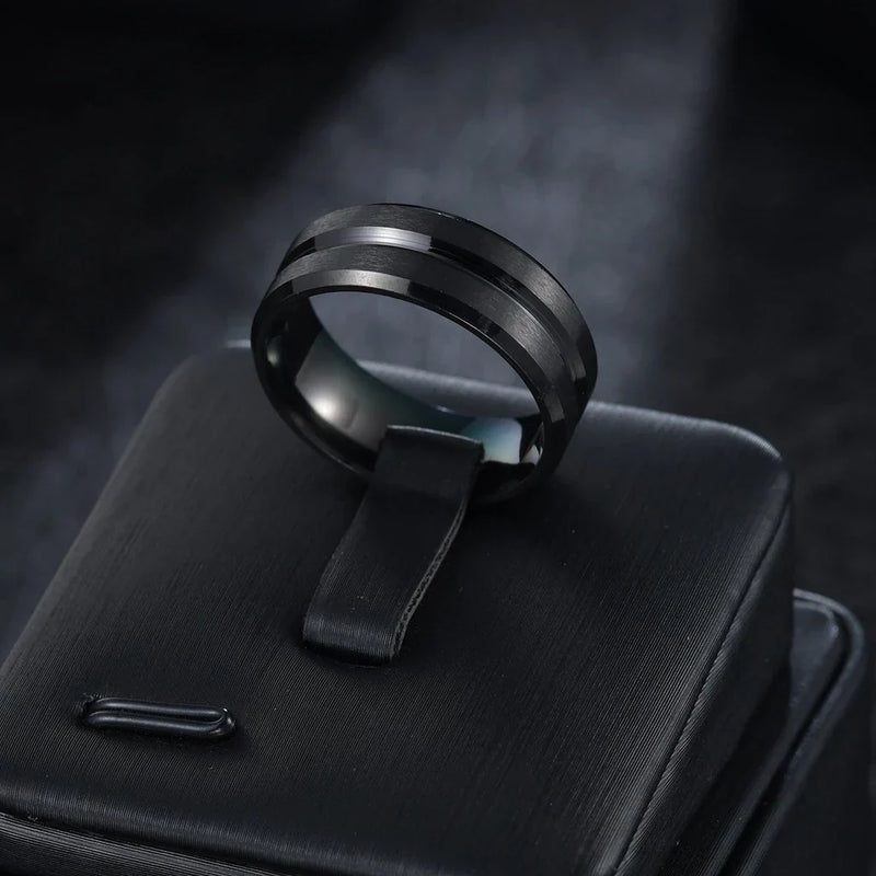 Anel Titânio Preto Fosco Aço Inox Escovado Inoxidável Vinco  Equilíbrio Unissex