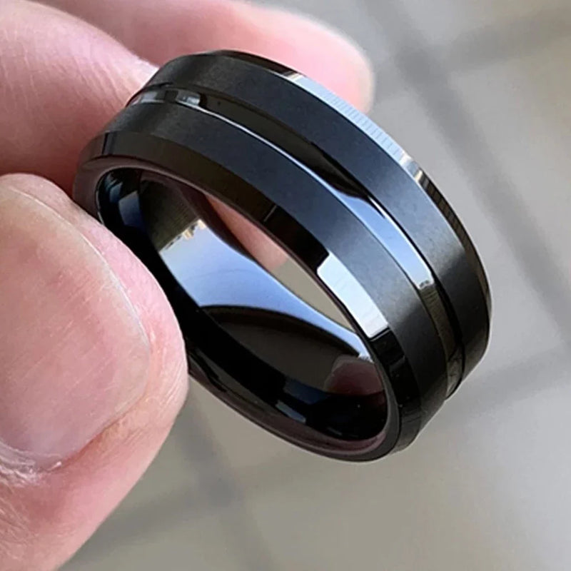 Anel Titânio Preto Fosco Aço Inox Escovado Inoxidável Vinco  Equilíbrio Unissex