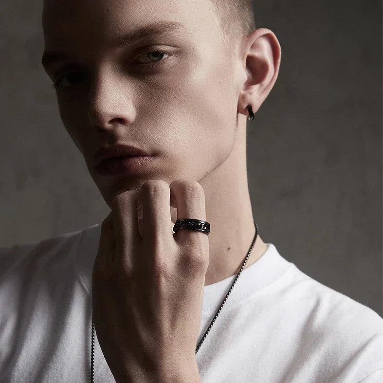 Anel de dedo girador de corrente de aço inoxidável de titânio anel de dedo para homens ouro preto punk rock presente