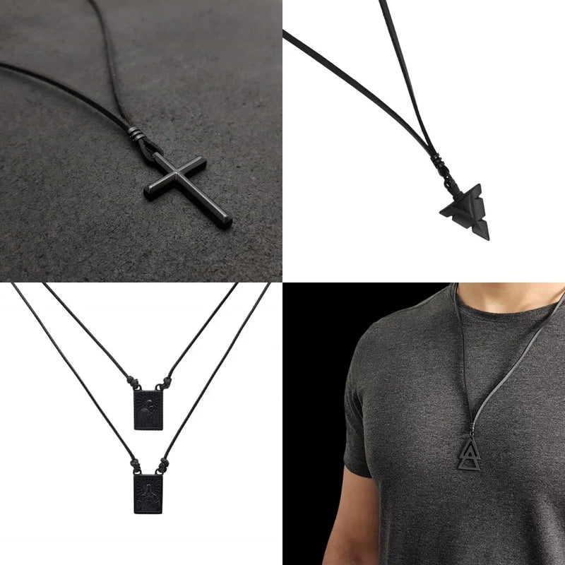 Colar Masculino De Couro Preto Tribal Cruz Regulável Premium