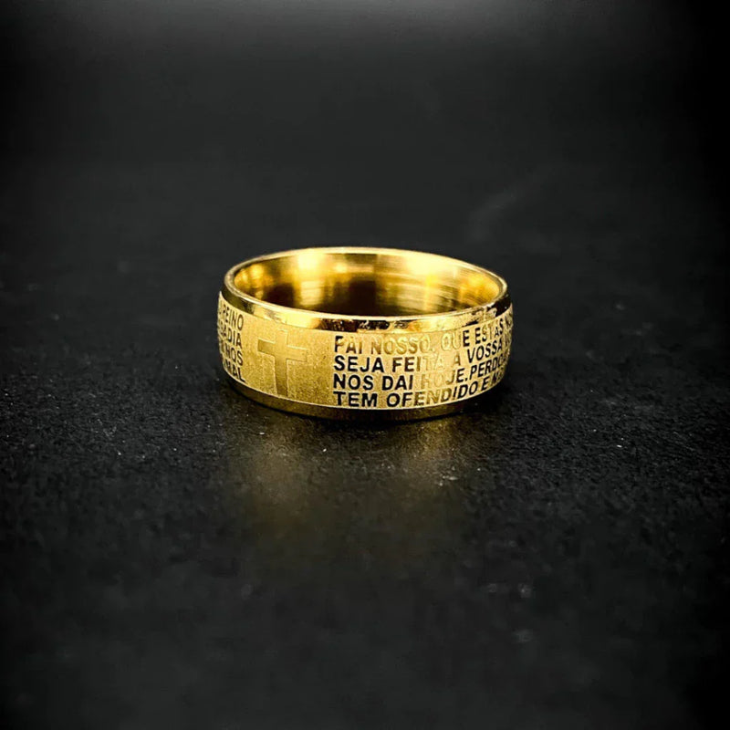 Anel Aço Inoxidável Masculino Feminino Oração Pai Nosso Preto Dourado Ouro Prata Cruz Crucifixo