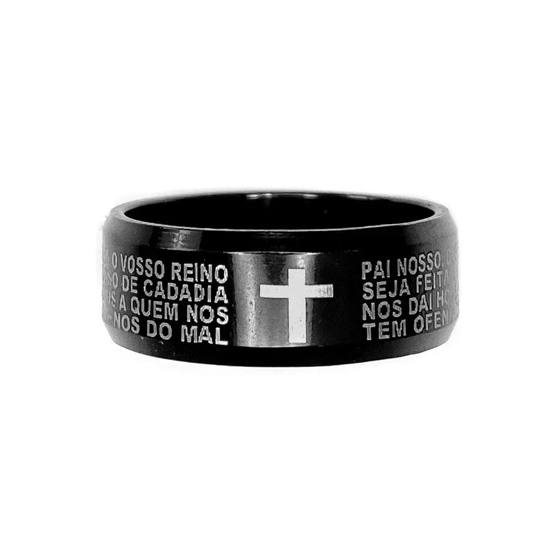 Anel Aço Inoxidável Masculino Feminino Oração Pai Nosso Preto Dourado Ouro Prata Cruz Crucifixo
