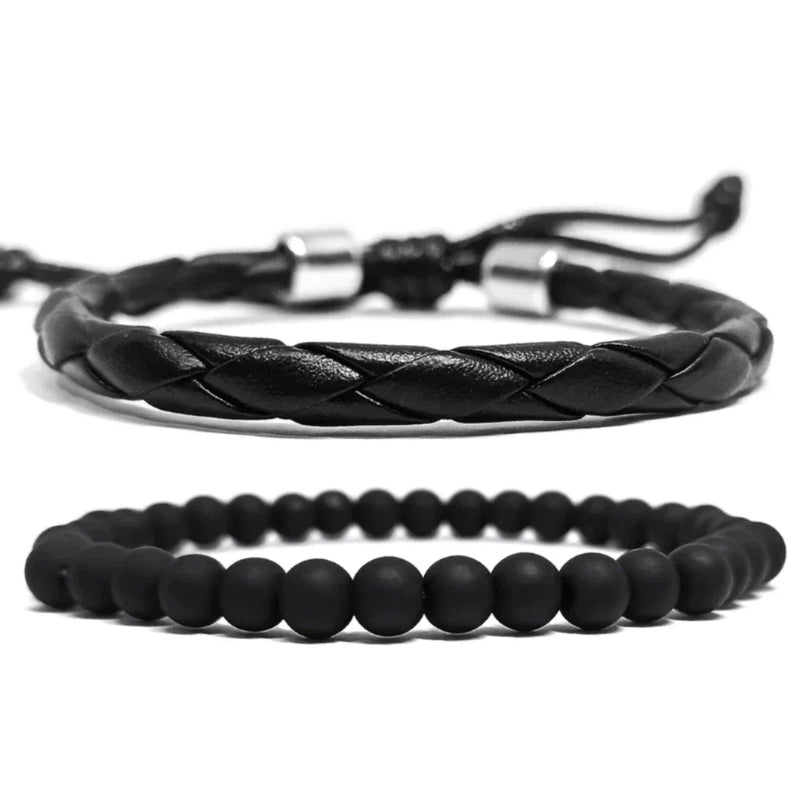 Kit 2 Pulseiras Masculinas de Couro Redondo Ajustável Bolinhas Preta Fosca 6mm