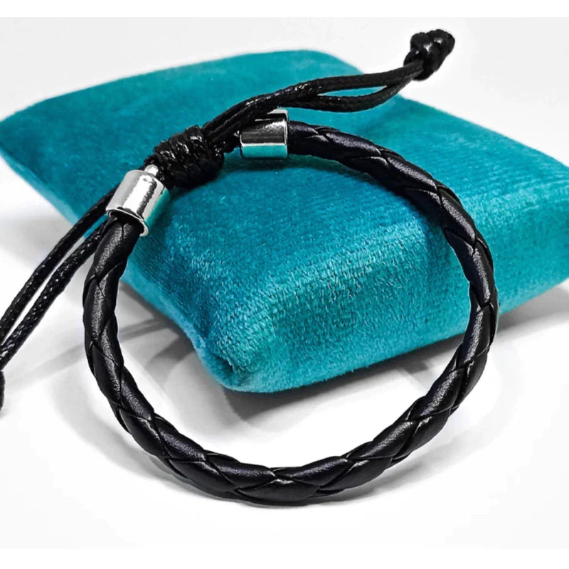 Kit 2 Pulseiras Masculinas de Couro Redondo Ajustável Bolinhas Preta Fosca 6mm