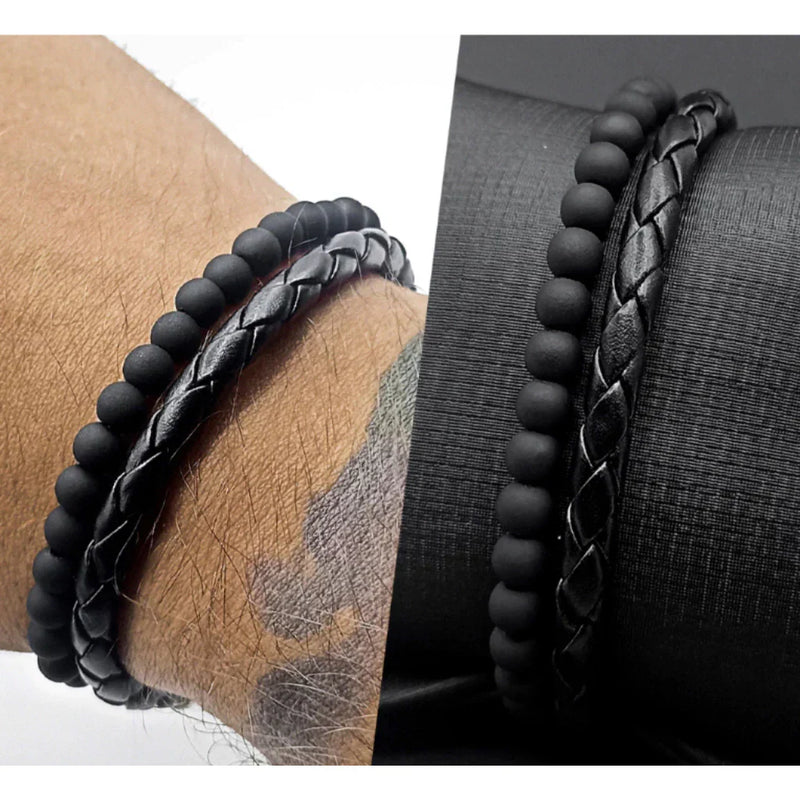 Kit 2 Pulseiras Masculinas de Couro Redondo Ajustável Bolinhas Preta Fosca 6mm