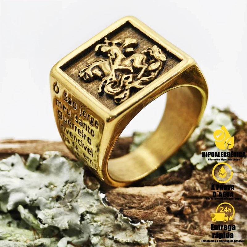 Anel Masculino de São Jorge com Oração Banhado aOuro 18K Presente de Jóia para Namorado Não Escurece