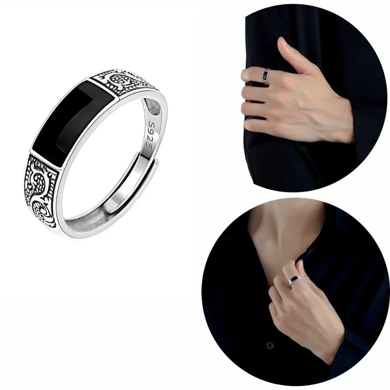 Anel Masculino Dragão com Pedra Ônix