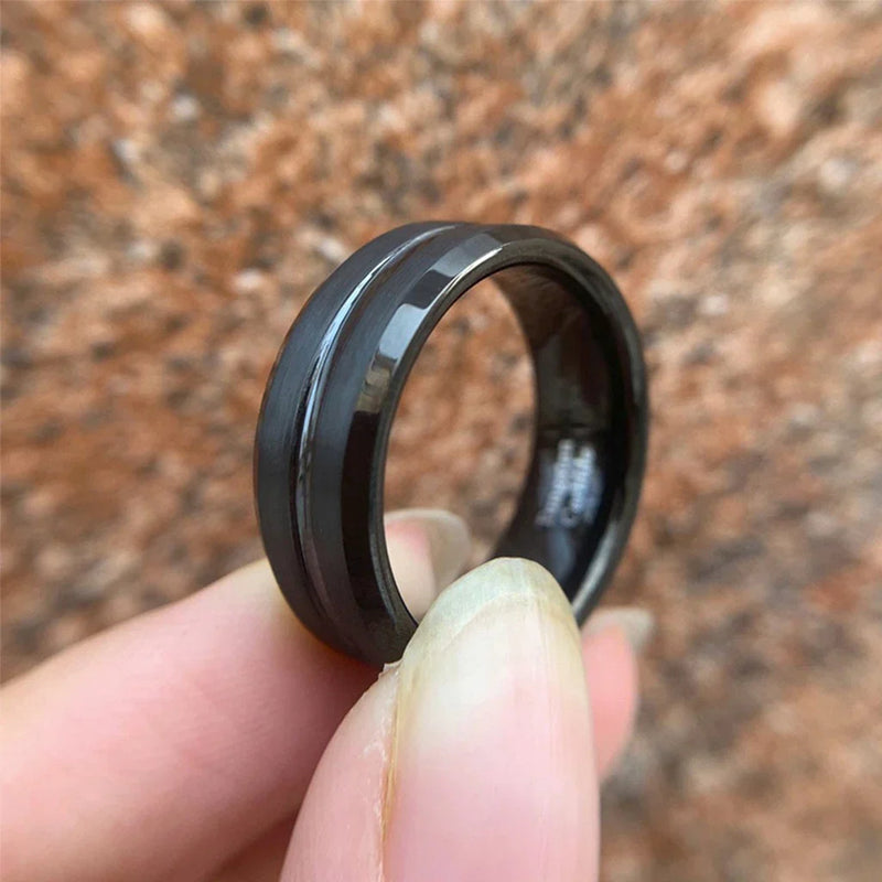 Anel Titânio Preto Fosco Aço Inox Escovado Inoxidável Vinco  Equilíbrio Unissex